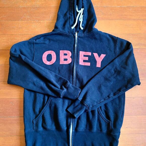 Obey Men's Black and Red Zipper Hoodie - Picture 1 of 5